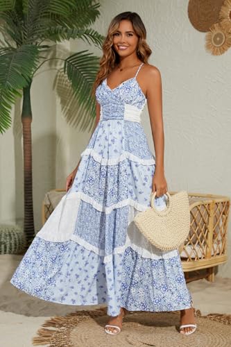 Image of Women Floral Maxi Dress Spaghetti Straps V Neck Lace Patchwork Flowy Tiered Boho Beach Sundress Long Dresses