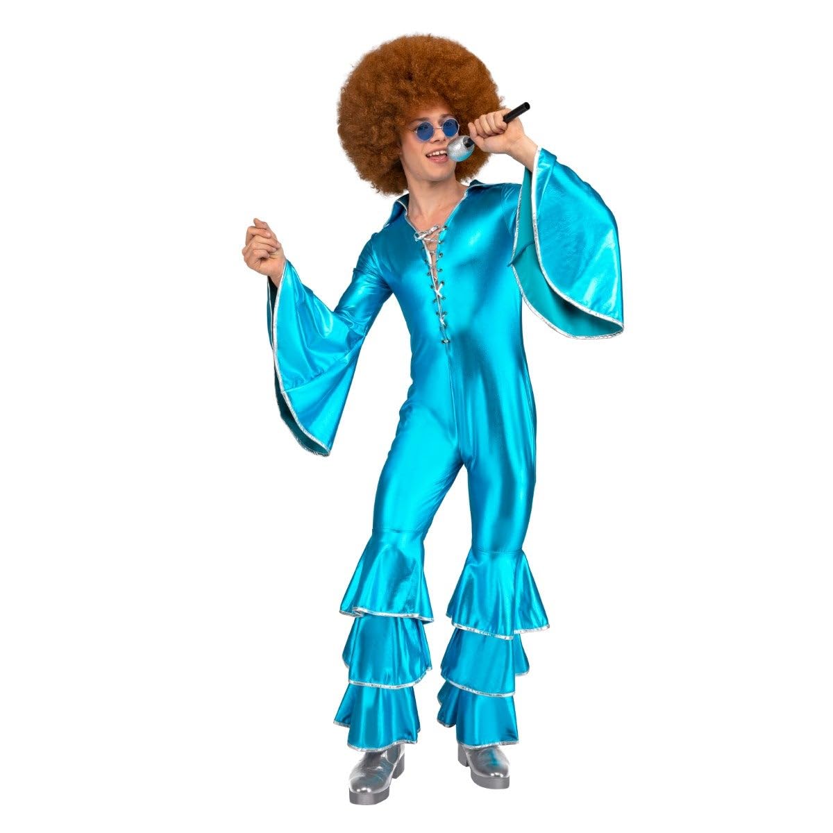 My Other Me - Disfraz Disco Hombre. Incluye mono azul brillante con mangas y pantalones acampanados decorados con volantes y ribetes y detalles en plateado. Brilla con estilo.