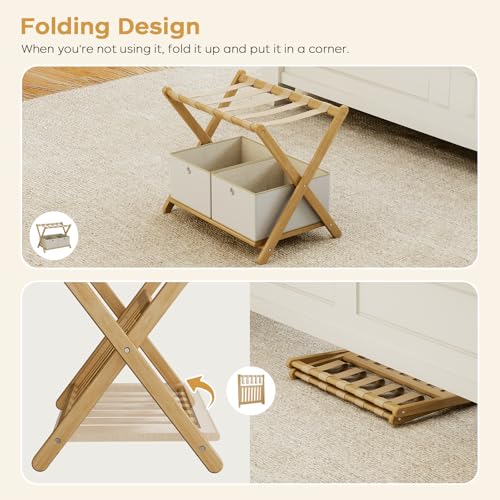 Fully Assembled Luggage Racks Pack of 2 with 4 Storage Boxes, Bamboo 26.77" Folding Luggage Stand for Guest Room, 5 Nylon Straps, Suitcase Stand with Storage Shelf for Bedroom Hotel, Natural