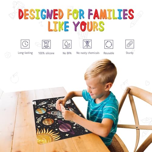 merka Kids Placemats - 17 x 11 in, Multicolor, Set of 4 - Washable Plastic Dining Table Placemats - Reusable & Wipeable Ocean, Space, Jungle & Unicorn Themes - Ages 2+