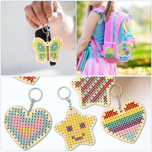Image of JHGCVX 12 Pcs Wooden Cross Stitch Keychain Kit，Make Your Own Cross Stitching Keyrings，Butterfly Flower Love Star Wood Cross Stitching Keyrings for Beginners