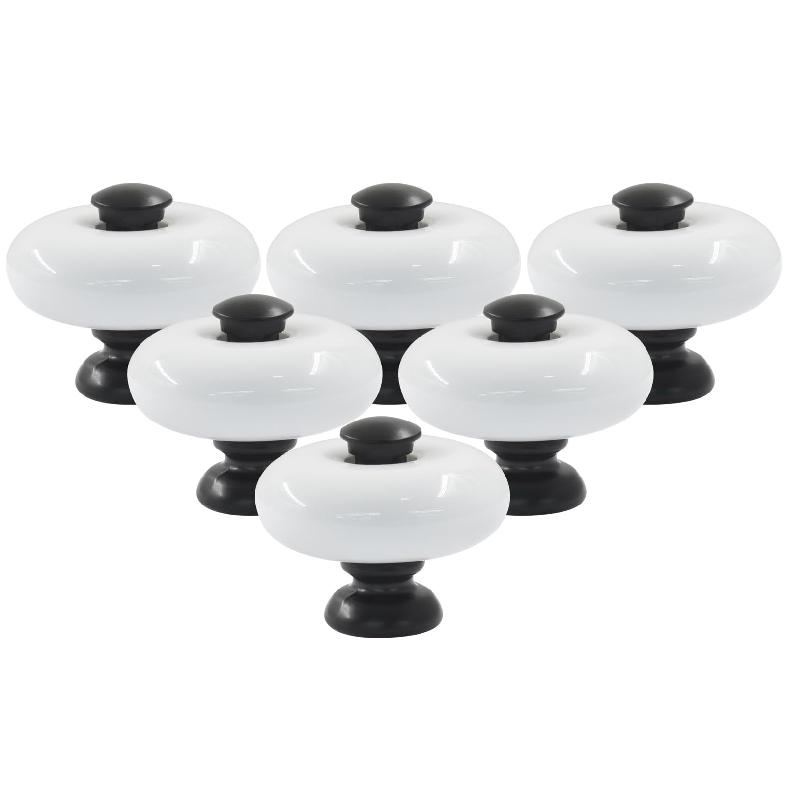 White Ceramic Knobs, 1.26inch/32mm Round Ceramic Pull for Cabinet Dresser Cupboard Drawer - 6 Pieces Black Base