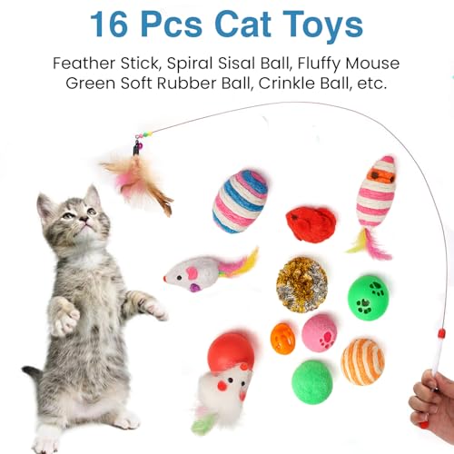 Image of 16 Pcs Cat Toy Set | Interactive Cat Play Kit with Bell Balls, Plush Mice, Teasing Wand, Knitted Balls & More | Indoor Kitten Toy for Active Play and Exercise