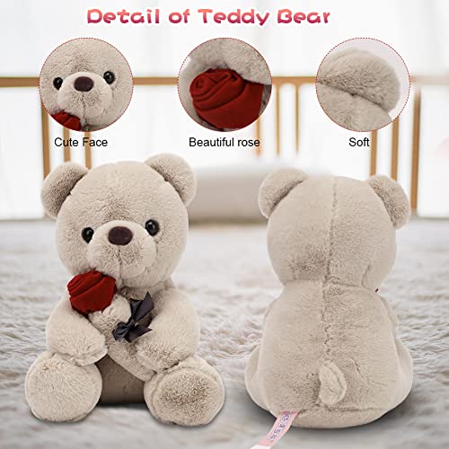 Teddybär, Plüsch-Bär, Teddy mit Rose, 23 cm Teddybären Rose Stofftier Spielzeug Dekozimmer Kissen, Plüschtier Kuscheltier Schmusetier Geschenke für Mama, Kinder Mädchen, Geburtstag, Valentinstag