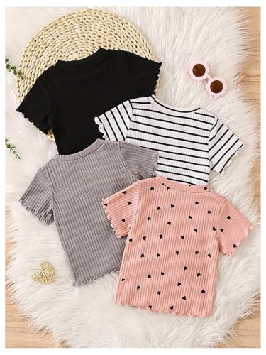OYOANGLE Toddler Girl's 4 Pack Ribbed Knit Short Sleeve T Shirts Striped Tee Cute Heart Print Tee Tops2