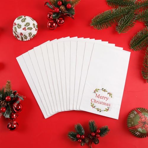 Quera 50 Pack Christmas Wreath Paper Napkins Disposable Merry Christmas Hand Towels Decorative Table Napkin for New Year Winter Dinner Merry Christmas Holiday Xmas Party Supplies – Image 4