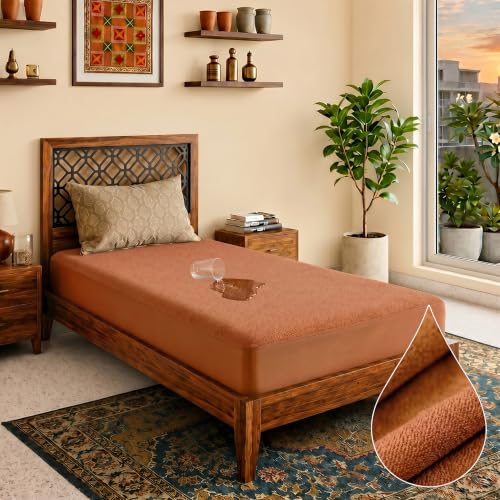 Image of Lithara Terry Cotton Fitted Mattress Protector for Single Bed | Waterproof & Elastic Band | Ultra Soft & Hypoallergenic Mattress Cover | Size : 36 x 75 Inches (3 x 6.25 Feet) | (Gold)