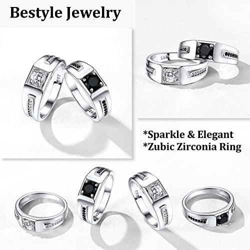 Bestyle Sterling Silver Wedding Band for Men, Black/Blue Gemstone Band Ring, Valentine's Day Gift for Dad/Husband, Size 6-132