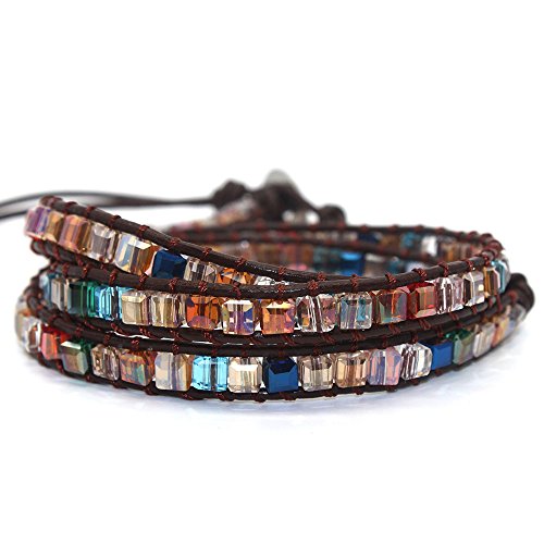 YHY Handmade Multicolour Balancing Crystal Bead Wrap Around Leather Bracelet for Women Adjustable