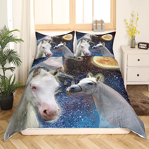 Kids Horse Bedding Set Horse Lover Gift Duvet Cover Set For Boys Girls White Horses Moon Decor Comforter Cover Set Animal Stuffed Bedspread Cover Bedroom Quilt Cover 2Pcs Single - Image 3