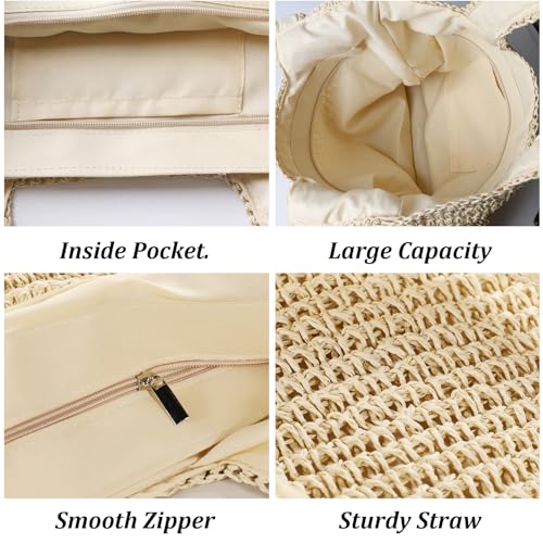 Straw Beach Bags for Women, Large Summer Boho Woven Tote Bag, Shoulder Handbags for Women for Beach Picnic Vacation3