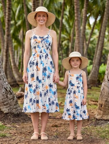 Image of AWIBMK Hawaiian Family Matching Outfits Mother Daughter Tropical Dresses Father Son Shirts for Beach Vacation Luau Party