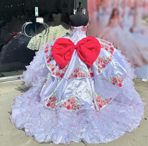 Ruffled Mexican Quinceanera Dresses with Bow Embroidery Flowers Ball Gown Puffy Layered Prom Gown SE0293