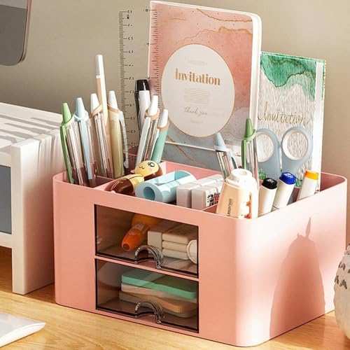 Image of Study Table Organizer with Drawers | Desk Organiser for Students | Stationery Storage Box | Office Table Organizer | Study Desk Accessories Holder (Pink)