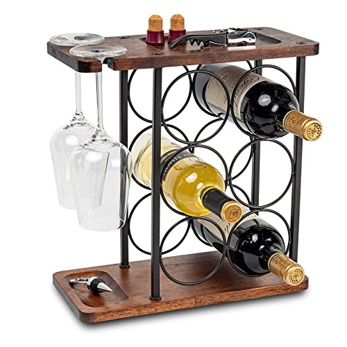 Sasido Wine Racks Countertop, Wine Holder And Glasses Rack, Wooden Wine Stand With Tray, Perfect For Home Decor & Kitchen Storage Rack Etc (Hold 6 Bottles And 2 Glasses) #TOP9