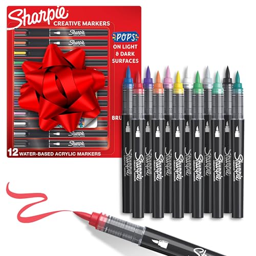 Sharpie Creative Markers, Water-Based Acrylic, Brush Tip, Assorted Colors, 12 Count – Arts & Crafts, Kids Activity, School Classroom; Works on Paper, Metal, Wood, Ceramic, Glass, Rock, Canvas