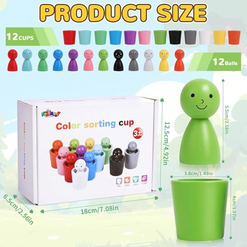 Image of SHINETOY 12PCS Color Sorting Cup with Wooden Bowls | Matching Game for Toddlers 3-6 | Montessori STEM, Math & Sensory Learning Toy