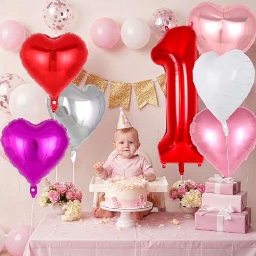 Image of 40 Inch Red Number 1 Balloon, Foil Heart Balloons for 1st Birthday Decorations, 1st Birthday Balloon Set for Valentine's Day Wedding Anniversary Baby Shower Decorations