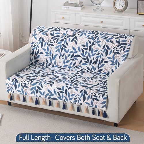 Image of HOKIPO Sofa Cover with Tassel for 2 Seater Sofa | Full Protection for Seat and Back | Printed Holland Velvet Fabric | 'Whispers of Nature' (160x120 cm), Indigo Foliage (IN-1126-D10)