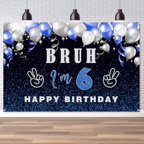 Bruh Happy 6th Birthday Backdrop, Bruh It's My Birthday Party Decoration for Boy Kid Preteen and Teen Funny Party Supplies- Blue and Black 6×4ft