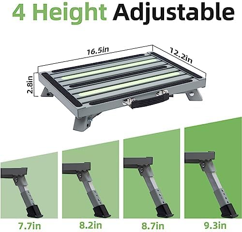 Iron RV Steps, 4-Level Adjustable Folding Step Stool with Non-Slip Rubber Feet, Non-Slip Fluorescent Strip Platform Rv Accessories, Supports Up to 1000 lbs - Gray