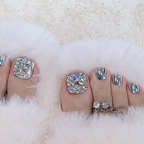 Glitter Silver False Toenail Sets - Press on Coffin Nails with Rhinestone Designs, Full Cover Artificial Acrylic Fake Nails, Stick on Toe Nails with Charm for Women