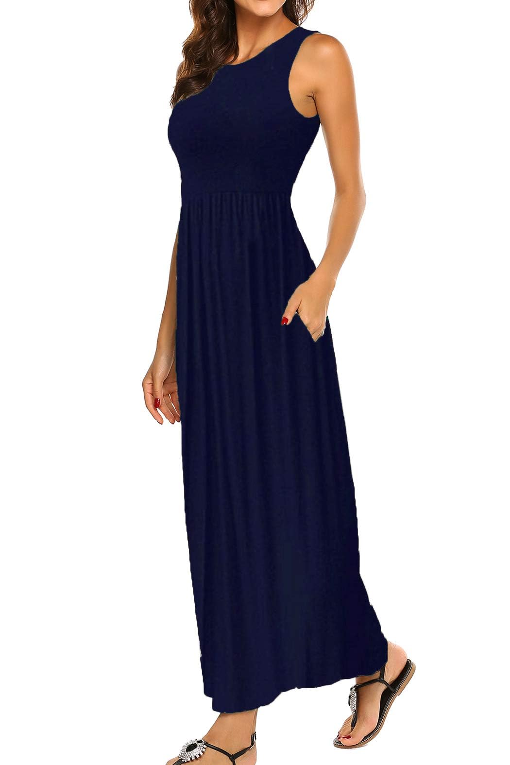 BDTECAOR Maxikleid Damen Sommer Boho Ärmellos Strandkleider Lässige Lange Tank Kleid mit Taschen