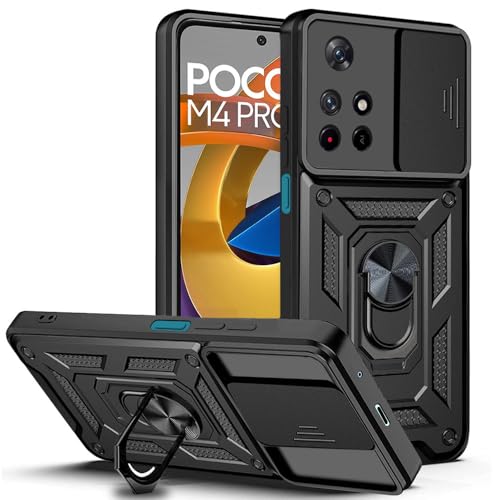 Image of AESTMO Tough Armor Poco M4 Pro 5G / Redmi Note 11T 5G Bumper Back Case Cover | Sliding Camera Shield Cover | 360 Degree Protection Back Case Cover for Poco M4 Pro 5G / Redmi Note 11T 5G (Black)