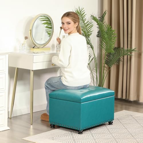 Image of Joveco Leather Storage Ottoman, 24 inch Rectangle Tufted Upholstered Bench, Foot Rest Stool with Wood Legs, Footstool for Living Room, Bedroom