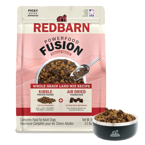 Redbarn Powerfood Fusion Air Dried Kibble Blend – Whole Grain Land Beef Lamb Recipe – Made in USA Adult Dry Dog Food with Superfoods, Prebiotics, Postbiotics - 3.5lb Bag