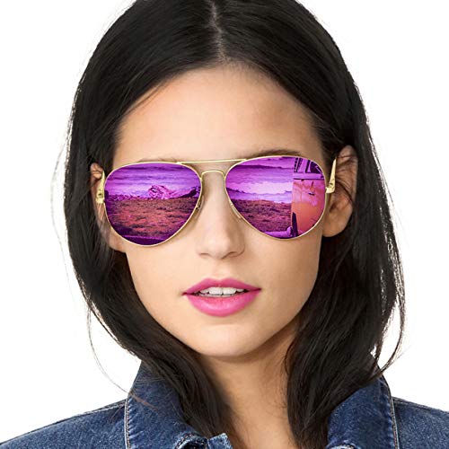 Preisvergleich Produktbild SODQW Pilotenbrille Sonnenbrille Damen Verspiegelt Polarisiert Mode Flieger Brille für Autofahren Angeln Metallrahmen 100% UVA / UVB Schutz (Gold Rahmen Violett Lila Linse (Spiegel))