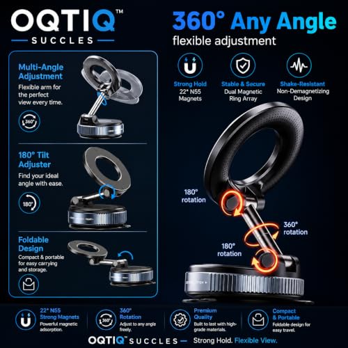 Image of OQTIQ SUCGLES Vacuum Magnetic Phone Holder for Car, 360 Adjustable Foldable Mobile Holder with Ultra Strong Suction & Powerful Magnetic Grip, Dashboard, Windshield & Desk Mount for All Smartphones