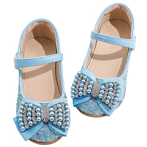 WUIWUIYU Girls Heels Glitter Bow Pearls Hook&Loop Round-Toe Latin Ballroom Dance Dress Wedding Princess Mary Jane Shoes