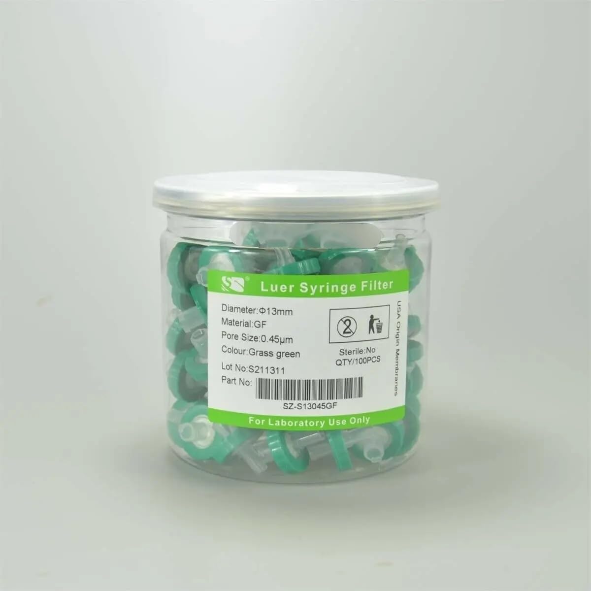Filtro per siringa da laboratorio OD = 13 mm, 0,45um, realizzato in GF, 100 pezzi/confezione