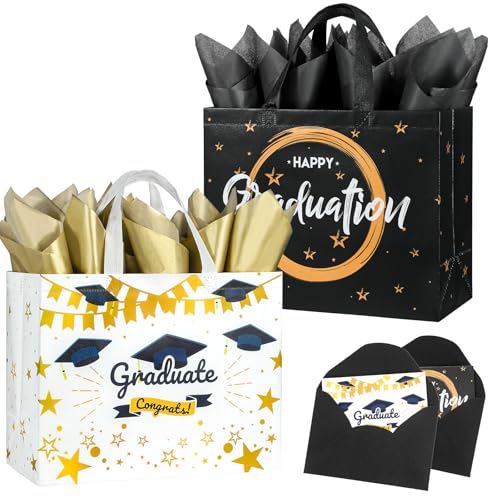 STYPOP 2 Pack 13 Large Graduation Gift Bags with Tissue Paper Reusable Non-Woven Grad Bags with Handles Best Graduation Gifts Class of 2026 College/High School / 8th Grade 12.8*10.2*6.3
