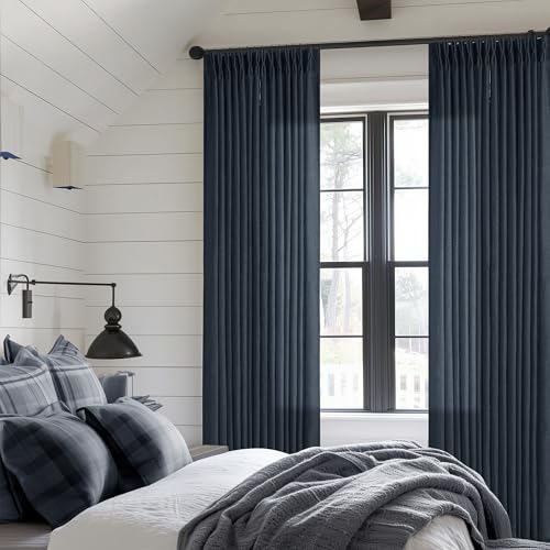 Image of Navy Blue Pleated Linen Curtains 96 Inches Long for Living Room 2 Panel Set Semi Sheer Light Filtering Pinch Pleat with Rings Hooks Drapes Boho Farmhouse Dark Blue Indigo Curtain Bedroom Window