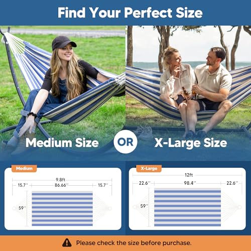 Image of SUNCREAT Fabric Hammock for Backyard, Hanging Tree Hammock, Blue & White