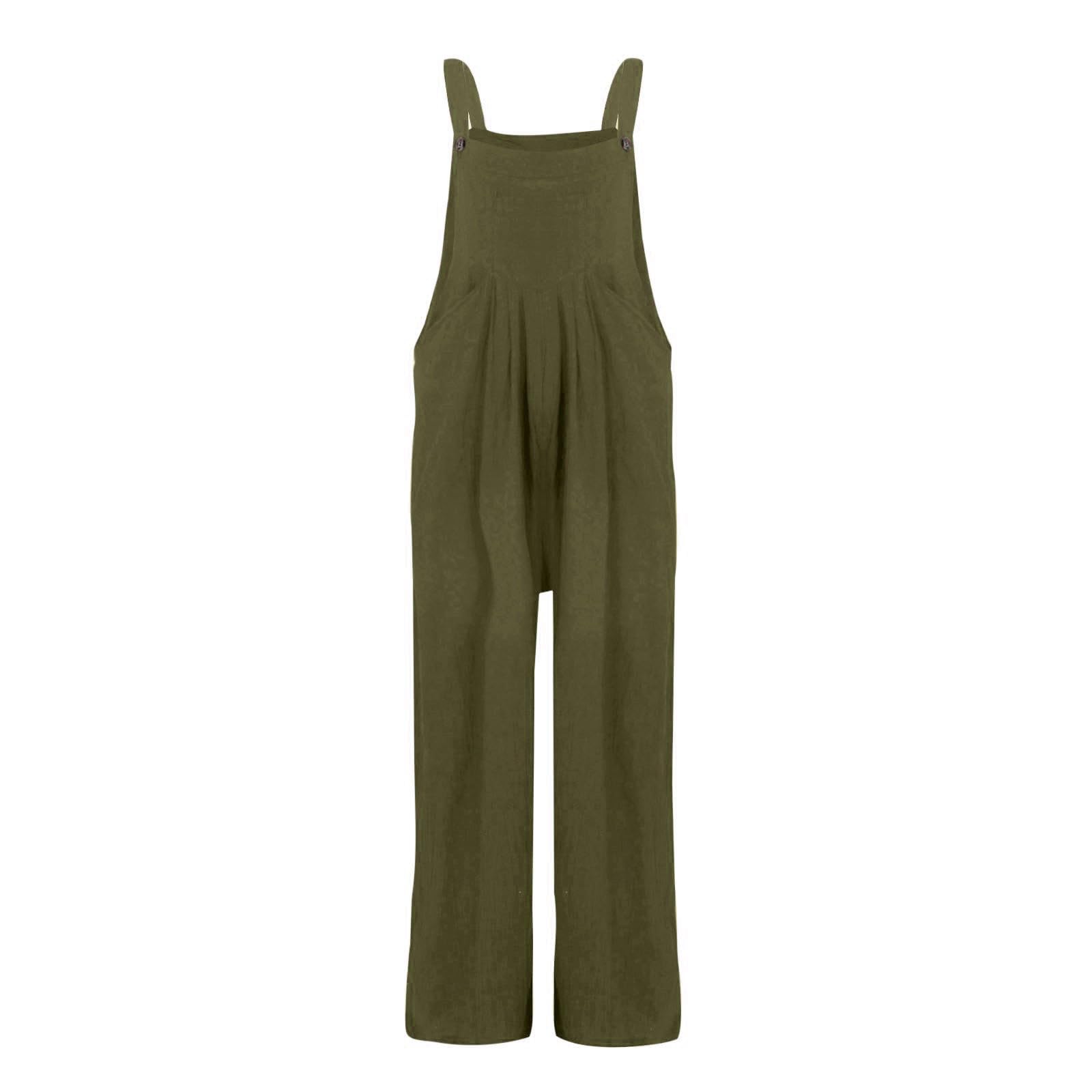 Green Linen Jumpsuits for Women Sleeveless Square Neck Spaghetti Strap Overalls Boho Beach One Piece Jumpsuit Loose Cotton Work Rompers with Pockets Casual Bib Overalls Beach Outfits for Women 2025