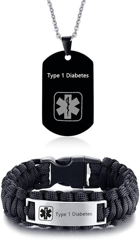 ZKXXJ Medical Alert ID Bracelets and Necklaces Set for Men - Stainless Steel Medic Identification Pendant Necklace Dog Tag & Paracord Rope Cuff Bracelet Allergy Awareness Jewelry,Customizable