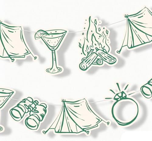 JarThenaAMCS Camping Bachelorette Party Banner 15 Pcs Green Sketch Tent Campfire Cocktail Ring Paper Cutouts Decorations Double-Sided Hanging Garland DIY Required for Summer Bridal Shower Wedding