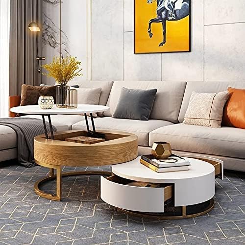 Modern & Extendable Premium HDHMR Board Round Nesting Coffee Table with Storage Drawers | Deco Paint, Merino Laminate Finish Centre Table for Home & Office Decor (White)
