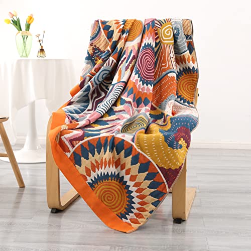 DECMAY Throws for Sofas Large, Boho Throw Blankets for 2 3 4 Seater Sofas and Double Bed Armchair Couch, Cotton Weighted Soft Furniture Throws(Ethnic 60''×80'')