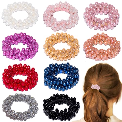 Loqpol 10 gomas elásticas para el pelo con perlas de cristal, bandas de pelo hechas a mano, soportes para coletas, accesorios perfectos para el cabello para mujeres y niñas.