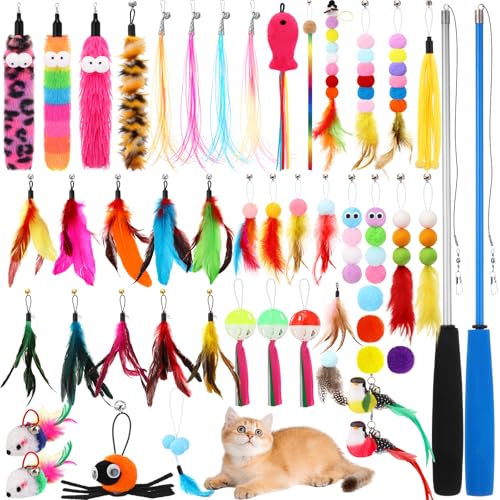 50 Cat Feather Toys Refills 2 Retractable Wand and 48 Replacement...
