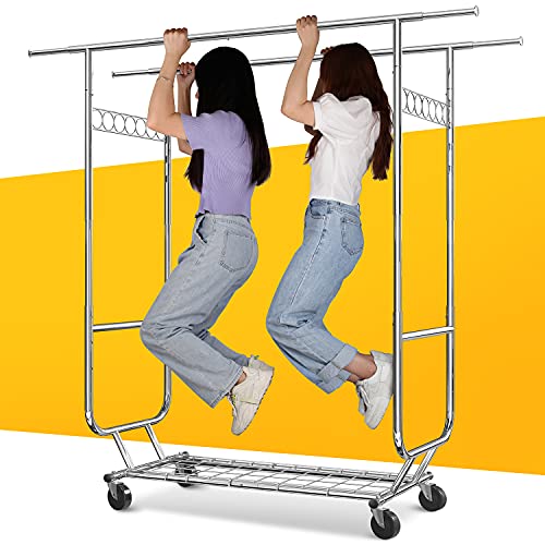 Raybee Clothes Rack with Shelves Double Rod Hanging Clothes Garment Rack with 440 LBS Capacity Commercial Rolling Clothing Rack on Wheels, 74 (L) x 21 (W) x 68 (H), Chrome