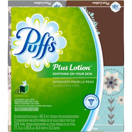 PuffsWhite Facial Tissues Plus Lotion, 56 sheets, 4 count