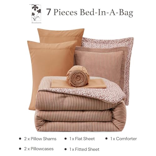 Image of BLOOMHAVEN Full Comforter Set - 7 Pieces Autumn Leaf Bedding Sets for All Seasons, Lightweight Breathable Bed in a Bag Full with Revesible Farmhouse Comforter, Sheets, Pillowcases & Shams