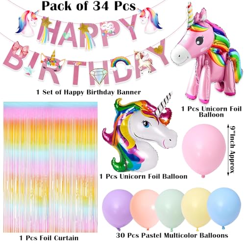 Image of Rozi Decoration Unicorn Theme Happy Birthday Decoration Kit with Foil Curtain & Pastel Balloons | Unicorn Foil Balloons with Paper Banner | Kids Birthday Party Decor Pack of 34 Pcs