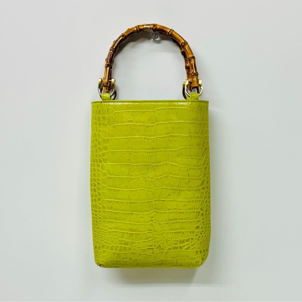 牛革クロコ型押し バンブー手提げ （大） 深緑 ◆神輿祭り 竹手バッグ 牛革クロコ型押し バンブー手提げ （大） 深緑 ◇神輿祭り 竹手バッグ