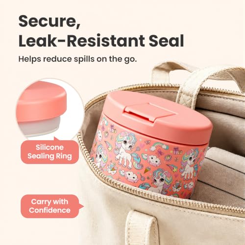 Image of Pawtong 12oz Insulated Vacuum Food Jar with Buckle Lid Wide Mouth Soup Thermo for Hot Food Kids Leakproof Stainless Steel Lunch Container (Pink-Horse)